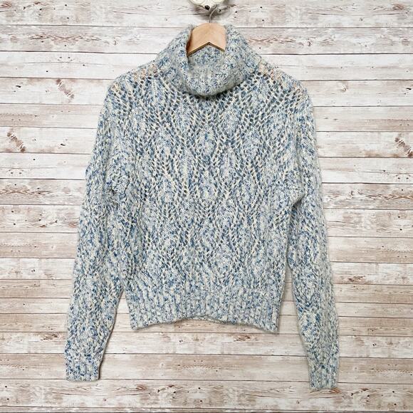 Vintage Liz Wear Turtleneck Pointelle Knit Sweater Blue Mohair 90s Beach Size S - Picture 1 of 7